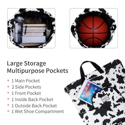 Dry Wet Drawstring Backpack with Shoe Compartment for Women Adjustable Gym Bag - color: Cow