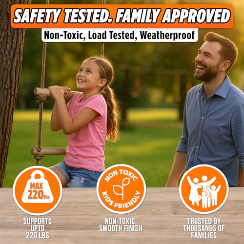 Wooden Rope Ladder for Kids - 6ft Tree Climbing Ladder with Carabiners | Real Wood Rungs, Heavy-Duty Rope, Holds 220 lbs, No-Tool Setup, for Treehouse, Swing Sets and Ninja Warrior Obstacle Course