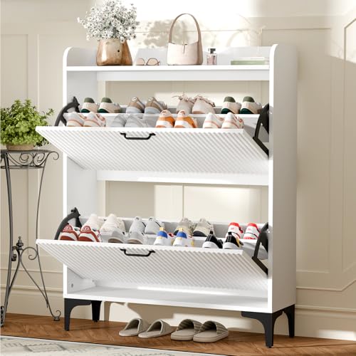 HIFYOBRO Narrow Shoe Storage Cabinet for Entryway, Shoe Cabinet with 2 Flip Drawers, Hidden Shoe Rack with Fluted Panel, Modern Freestanding Shoes Organizer for Hallway (White)
