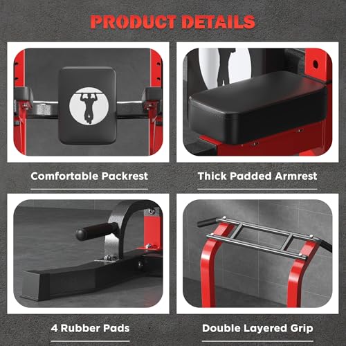 DlandHome Power Tower Pull Up Bar Station, Heavy Duty Adjustable Height for Home Gym Strength Training Equipment 330LBS Weight Capacity, Pull Up Dip Station - color: Red