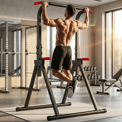 Power Tower, Foldable Dip Station & Pull Up Bar Stand, 6-Level Adjustable Height, 440lbs Heavy-Duty Strength Training Equipment for Home Gym