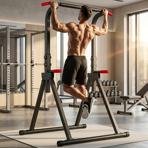 Power Tower, Foldable Dip Station & Pull Up Bar Stand, 6-Level Adjustable Height, 440lbs Heavy-Duty Strength Training Equipment for Home Gym