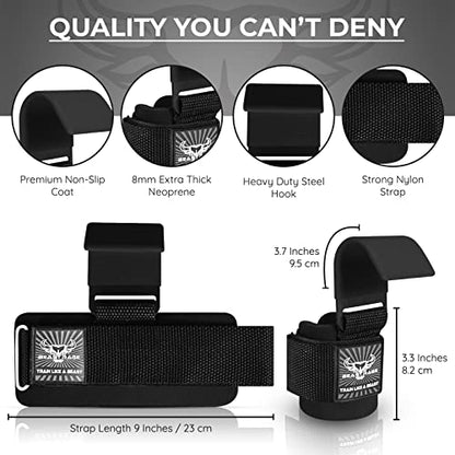 BEAST RAGE Workout Hooks for Men, Durable Coated Grip Gym Straps for Weightlifting Wrist Wraps Training Weight Lifting Strength Fitness Bodybuilding Anti Slip Women Hook Exercise - color: Black