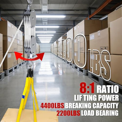 YATOINTO Upgraded Rope Pulley Hoist 4400 LB, 8:1 Pulley Block and Tackle System, Pulley Block 2200LB Loading Capacity, 65ft Heavy Duty Rope Hoist for Hunting Garage Warehouse (with 2PCs Straps) - size: 4 Pulley+2 straps