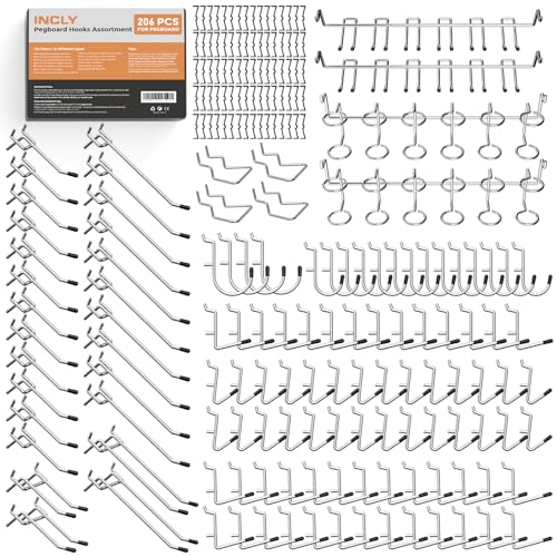 INCLY Pegboard Hooks Set for Hanging Tools, 206PCS Heavy Duty Peg Hook Hanger & Holder Fit 1/4 1/8 Inch Pegboard for Craft Assortment Garage Organizer Bins Attachment Peg Board Accessories - size: 1/8 Inch