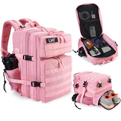 LHI Military Tactical Backpack for Men and Women 45L Army 3 Days Assault Pack Bag Large Rucksack with Shoe Compartment - color: 1.7 Pink