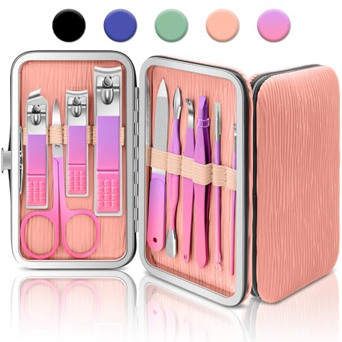 BLESWIN 10 in 1 Manicure Pedicure Kit, Manicure Kit for Women Professional, Mens Nail Grooming Kit, Manicure Tools Gift for Luxury Leather Travel Case for Family Friends (Pink & Purple) - color: 5-Gradient Pink & Purple