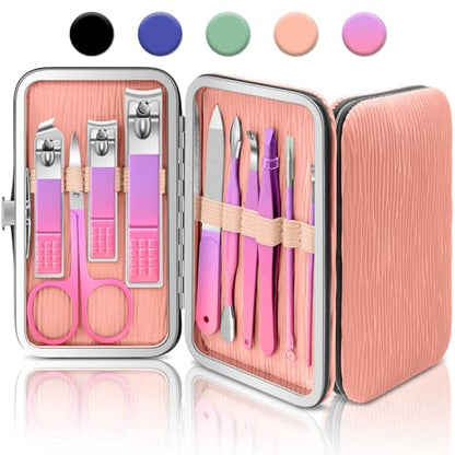 BLESWIN 10 in 1 Manicure Pedicure Kit, Manicure Kit for Women Professional, Mens Nail Grooming Kit, Manicure Tools Gift for Luxury Leather Travel Case for Family Friends (Pink & Purple) - color: 5-Gradient Pink & Purple