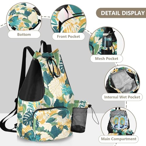 Drawstring Backpack For Swim Climbing Gym Bag With Water Bottle Holder Cinch Sack Waterproof Tropical Plants Green