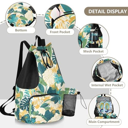 Drawstring Backpack For Swim Climbing Gym Bag With Water Bottle Holder Cinch Sack Waterproof Tropical Plants Green