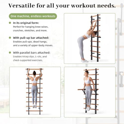 DHT Wood Stall Bar, Swedish Ladder Suspension Trainer with 9 Strategic Rods, for Home, Gym, School and Clinics, Black - color: WA2