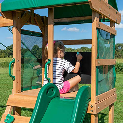 Backyard Discovery Buckley Hill Cedar Wood Swing Set with Wave Slide, Play Deck, Rock Wall Ladder, Belt Swings, Chalkboard, Canopy Roof, Outdoor Playset - color: Green