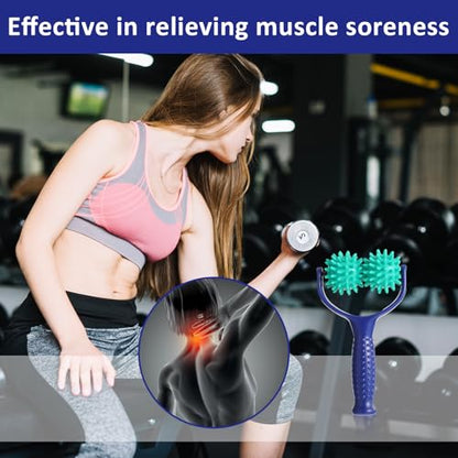 Spiky Massage Balls Rollers with Dual Ball Design, Manual Massage Stick | Lightweight and Portable Point Muscle Massages Tool with Ergonomic Handle, Pain Relief for Back Neck Shoulder Leg - color: Green