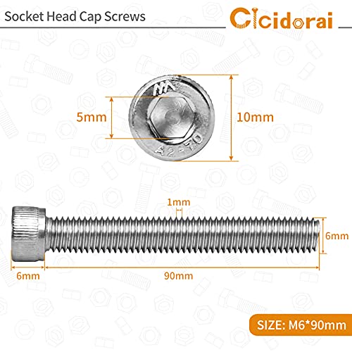 M6-1.0 x 90mm Socket Head Cap Screws Bolts, 304 Stainless Steel (A2-70), Allen Socket Drive, Bright Finish, Full Machine Threads, Quantity 10 - size: M6 x 90mm(10 PCS)