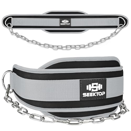 Seektop Dip Belt With Chain for Weightlifting - Neoprene Waist Belt for GYM Workout, Pull Ups, Crossfit, Weight Lifting, Squat, Training, Fitness - for Men & Women - color: Grey