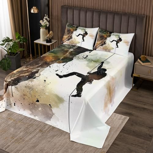 Erosebridal Rock Climber Twin Quilt Set for Men Women, Watercolor Mountain Climbing Bedspread Set for Adults, Rock Climbing Bouldering Coverlet Set, Extreme Sports Theme Bed Set - color: White Grey, size: Twin
