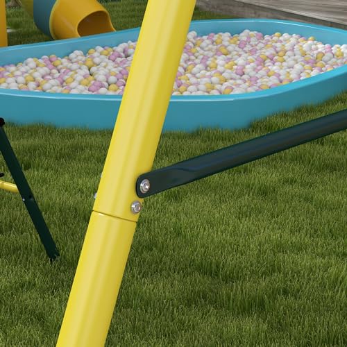 Outsunny 440 lbs Swing Set for Backyard, 5 in 1 Heavy-Duty A-Frame Stand Outdoor Playset for Kids, with Saucer Swing, Slide, Swing Seats, Gym Rings, Basketball Hoop, Climbing Steps and Net