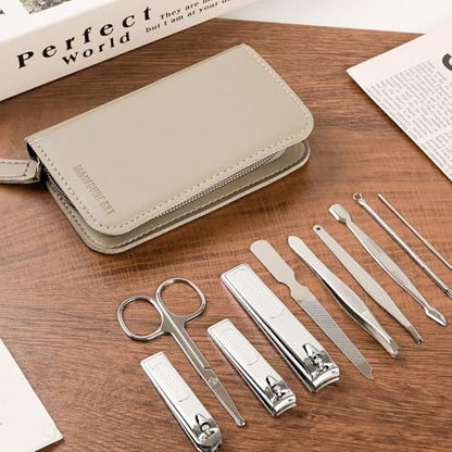 10 PCS Premium Stainless Steel Nail Clippers Set, Professional Manicure Pedicure Kit with Zipper Portable PU Leather Case, Travel Grooming Kit, Ideal Gift for Men and Women(C-Grey) - color: C-grey