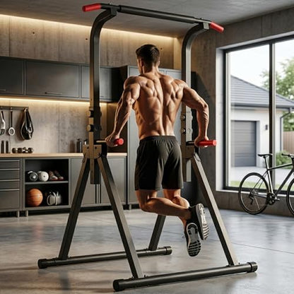 Power Tower, Foldable Dip Station & Pull Up Bar Stand, 6-Level Adjustable Height, 440lbs Heavy-Duty Strength Training Equipment for Home Gym