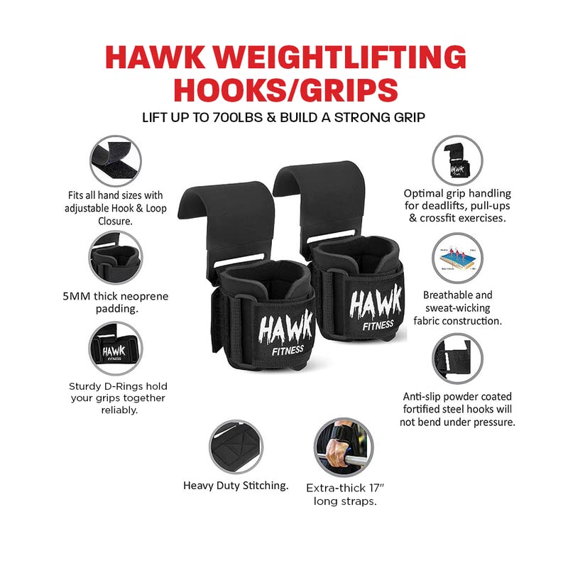 Hawk Sports Weightlifting Hooks with Wrist Straps & Ankle Strap Pair for Safely Weightlifting - Strengthen Your Grip and Lift Heavier Weights at Full Power