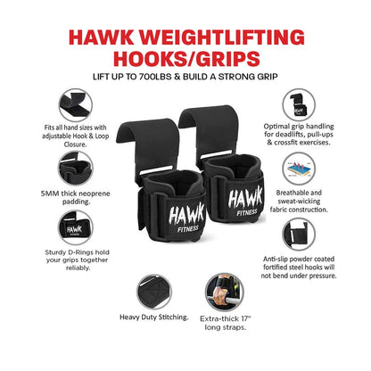 Hawk Sports Weightlifting Hooks with Wrist Straps & Ankle Strap Pair for Safely Weightlifting - Strengthen Your Grip and Lift Heavier Weights at Full Power