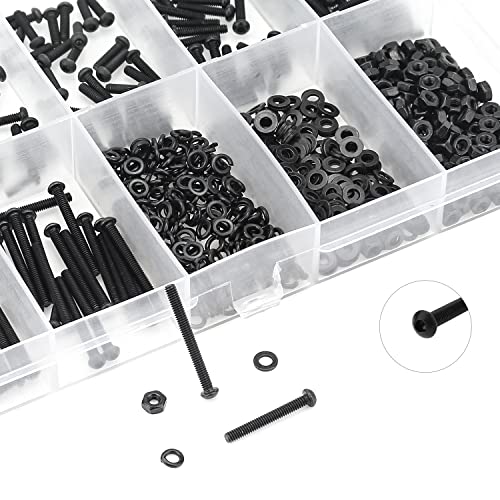 HELIFOUNER 560 Pieces M2 x 4mm /6mm /8mm /10mm /12mm /16mm /20mm, Button Head Socket Cap Screws Bolts Washers Nuts Kit, 10.9 Grade Alloy Steel, Full Threaded, Black - size: M2, style: Button Head