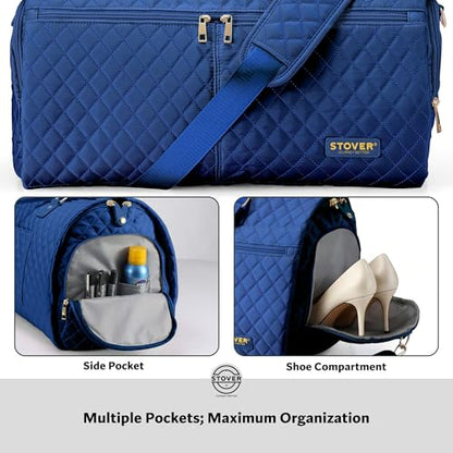 STOVER Women’s Convertible Garment Duffel Bag for Travel – 2-in-1 Carry-On Weekender/Overnight Tote - Wrinkle-Free Dresses, Suits & Clothes + Shoe Compartment & Bonus Toiletry Bag (Sapphire Blue) - color: Sapphire Blue