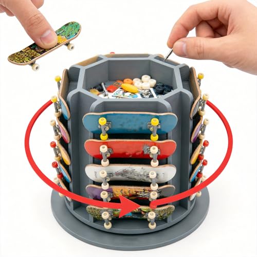 Fingerboard Display Rack Holder,360° Rotating,Pro Finger Skateboard Organizer for 20 Decks and Accessories,with Center Storage,Desktop Storage Tower for Fingerboard and Mini Collectibles,Heavy Duty - color: Grey