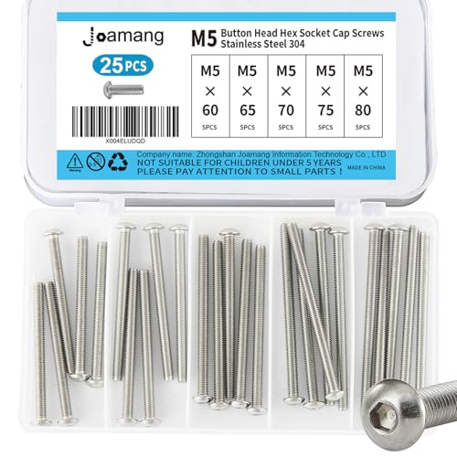 M5 x 60mm 65mm 70mm 75mm 80mm Button Head Socket Cap Screws Bolts, Stainless Steel 304, Metric Allen Hex Drive, Bright Finish, Fully Threaded, Assortment Kit 25PCS - size: Button M5x60-80mm