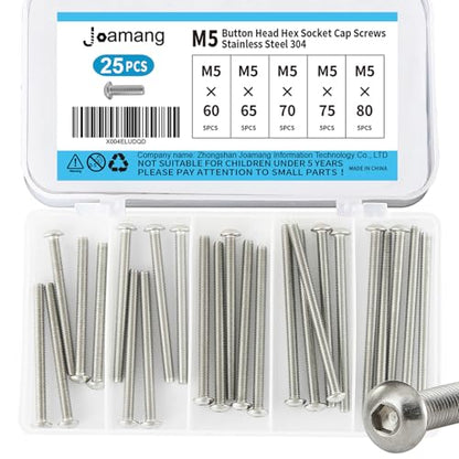 M5 x 60mm 65mm 70mm 75mm 80mm Button Head Socket Cap Screws Bolts, Stainless Steel 304, Metric Allen Hex Drive, Bright Finish, Fully Threaded, Assortment Kit 25PCS - size: Button M5x60-80mm