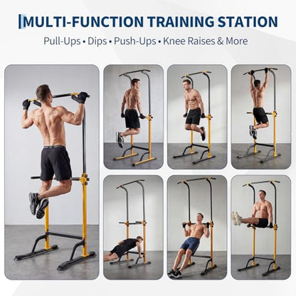Power Tower Home Gym Strength Training Station Adjustable 10 Height Levels, Heavy-Duty Chin-Up Tower with Parallel Dip Handles, Bodyweight Workout Equipment for Pull-Ups, Dips, Knee Raises, Push-Ups, 330 Lb Capacity - color: Yellow