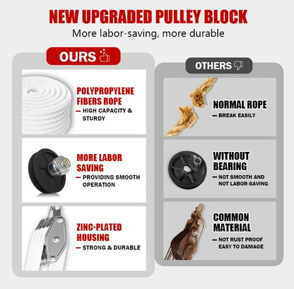 YATOINTO Rope Pulley Hoist with Metal Bearing 4400 LB, 8:1 Pulley Block and Tackle System, Pulley Block 2200LB Loading Capacity, 65ft Heavy Duty Rope Hoist for Hunting Garage Warehouse Constructions - color: White, size: UPGRADED-4wheels