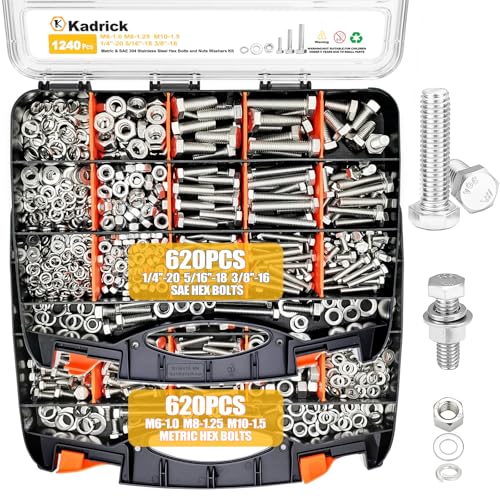 Kadrick 1240PCS Stainless Steel Hex Bolt Assortment Kit – SAE & Metric Set (1/4”-20, 5/16”-18, 3/8”-16, M6, M8, M10) – Bolts, Nuts, Flat & Lock Washers – Dual-Side Heavy-Duty Storage Box - size: 1240Pcs Stainless SAE & Metric HEX