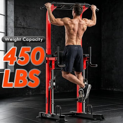 SogesPower Power Tower Multi-Function Pull Up Bar Station for Home Gym | 10-Level Height& 5-Level Armrest Adjustable,2-IN-1 Assisted Pad,Pull Up Dip Station Strength Training Workout Equipment - color: Red