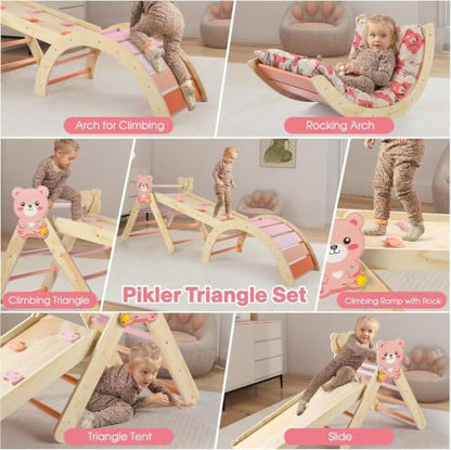 Pikler Triangle Set with Cushion, 7 in 1 Toddler Climbing Toys Indoor | Foldable Space-saving Design, Montessori-inspired Learning, Reversible Slide & Ramp, ASTM F963 Standards for Toddlers 18M-5Y - color: Bear