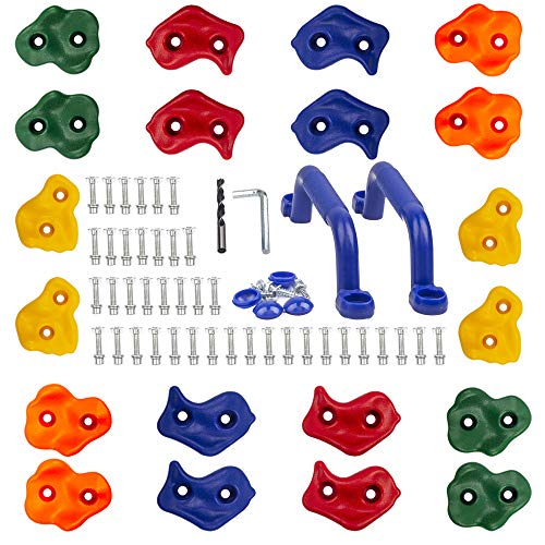 KINSPORY 20pc Rock Wall Climbing Holds for Kid, Play Set Climber Attachment | Colourful anti-slip pig nose rocks, two blue handles, complete mounting hardware for indoor outdoor playground building