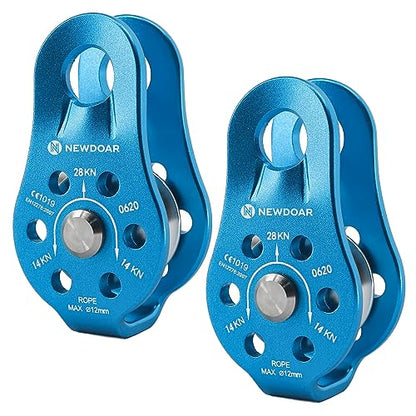 NewDoar Fixed Plate Micro Pulley,28KN CE Certified General Purpose Small Aluminum Rope Pulleys for Climbing/Aloft Work/Rappelling/Rescue Etc - color: Pack of 2(28KN Pulley Blue