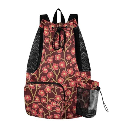 Draw String Back Bag Climbing Gym Bag With Pockets Pull String Bag Waterproof Cherry Blossom Red Brown