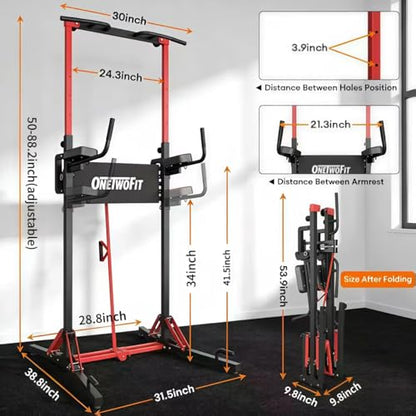 ONETWOFIT Foldable Power Tower Pull Up Bar Dip Station, Multi-Function Adjustable Height, Strength Training, 400LBS Capacity