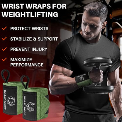 TECEUM Elastic Cotton Weightlifting Wrist Wraps with Thumb Loops, 1 Pair - color: Military Green, style: 12" – Beast Mode