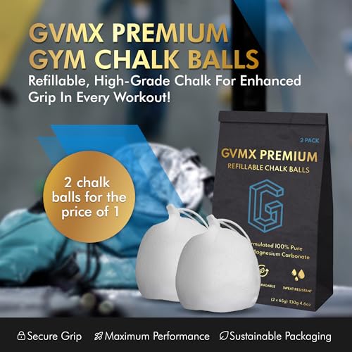 130g (2 x 65g) Premium Chalk Balls. Pro-Grade Gym Chalk in Refillable Sock. Eco Friendly Packaging. Grip Enhancing Gym Accessory for Weightlifting, Rock Climbing, Gymnastics & More. Package May Vary.