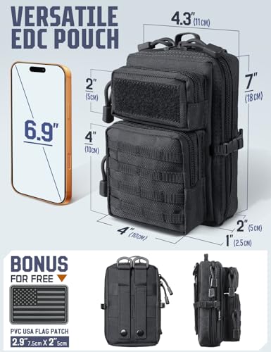 2 Pack Molle Accessories Tactical EDC Pouch, Small Tool Bag, Utility Phone Holder IFAK for Duty Belt, Backpack, Vest (Includes 2 US Flag Patch) - color: Black