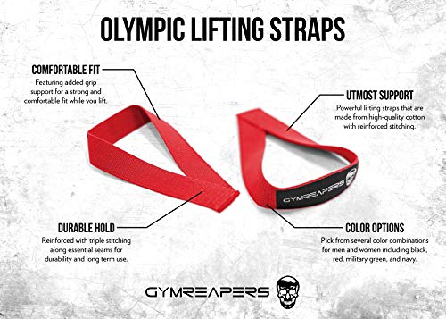 Gymreapers Olympic Lifting Straps for Weightlifting, Snatch, Clean, Powerlifting, Strongman, Deadlifts - Durable Cotton with Reinforced Stitching (Pair) - color: Red