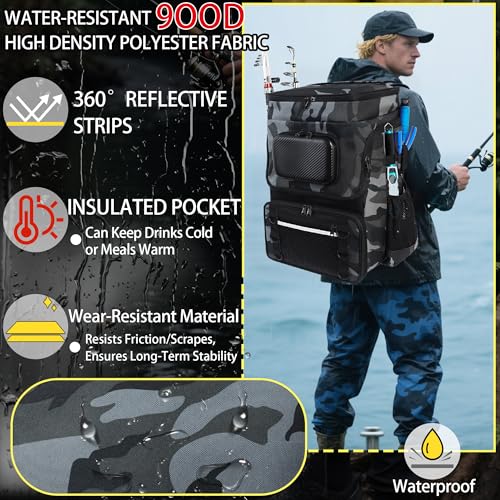 Fishing Backpack with Rod Holder, Large 50L Tackle Bag Water Resistant Tackle Backpack Heavy Duty Fishing Bag Gift for Men Woman - color: F: Gray Camo