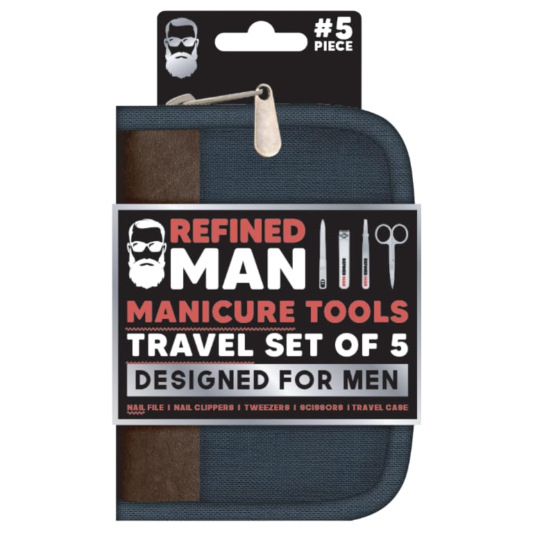 BLKSMITH Refined Man Manicure and Pedicure Kit Set of 5 - Manicure Kit for Men - Nail Clipper Kit with Nail File, Clippers, Scissors, Tweezer & Travel Case - Designed for Men (Brown/Navy) - color: Brown/Navy