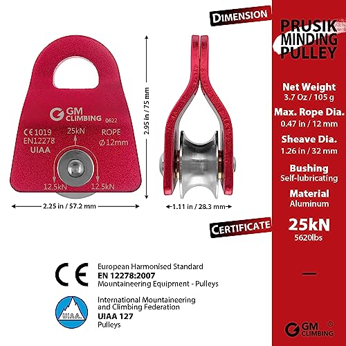 GM CLIMBING Micro Prusik Minding Pulley 25kN CE UIAA Certified 12mm Single Pulley Mobile Side Plates for Arborist Rigging Climbing Rescue - color: One Unit | Red