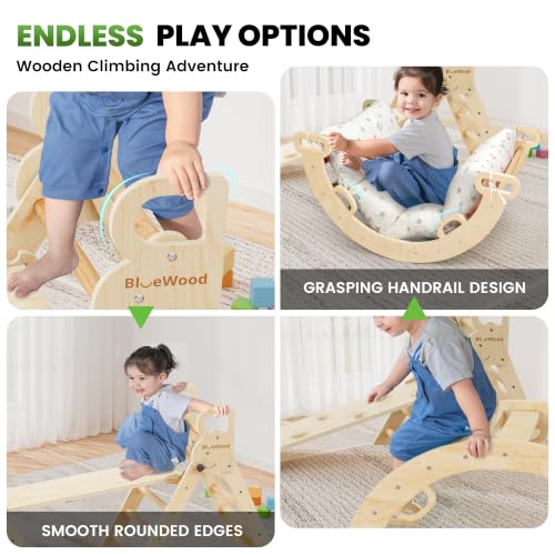 Pikler Triangle Set with Cushion, Wooden Climbing Toys for Toddler | Foldable 8-in-1 Montessori Philosophy Toddler Climbing Toys Indoor with Reversible Ramp, Arch and Ladder - Natural Wood - color: Natural Wood
