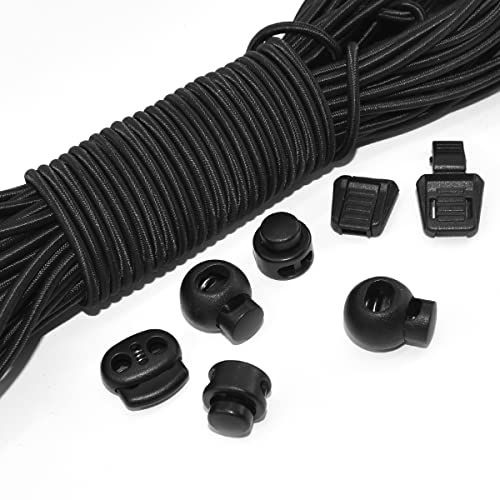 BDS-HOME 40Pcs Plastic Cord Locks with 1/8-Inch 65ft Elastic Cord Stretch String Sing-Hole and Double-Hole Spring Toggle Stopper Slider for Drawstring, Shoelaces, Clothing, Backpack, Bags
