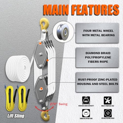YATOINTO Rope Pulley Hoist 4400 LB, 8:1 Lifting Power Pulley Block and Tackle System, Pulley Block 2200LB Loading Capacity, 65ft Heavy Duty Rope Hoist for Lifting Pulling (with 2PCs Straps) - color: White, size: UPGRADED-4wheels+2pcs straps