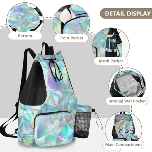 Drawstring Climbing Gym Bag With Pockets Drawstring Backpack with Wet Dry Compartments Holographic Shine Pattern Colorful